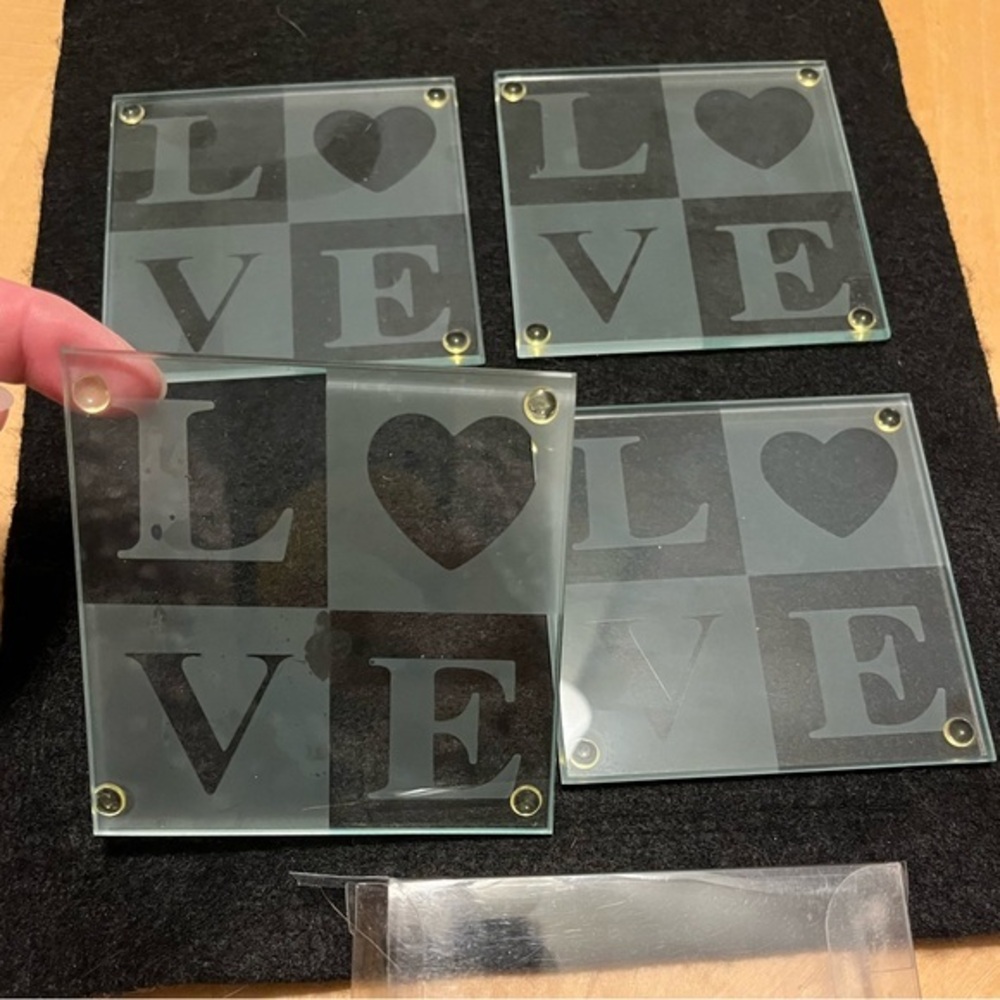 Glass LOVE Coasters Set of 4 NIB by Kate Aspen